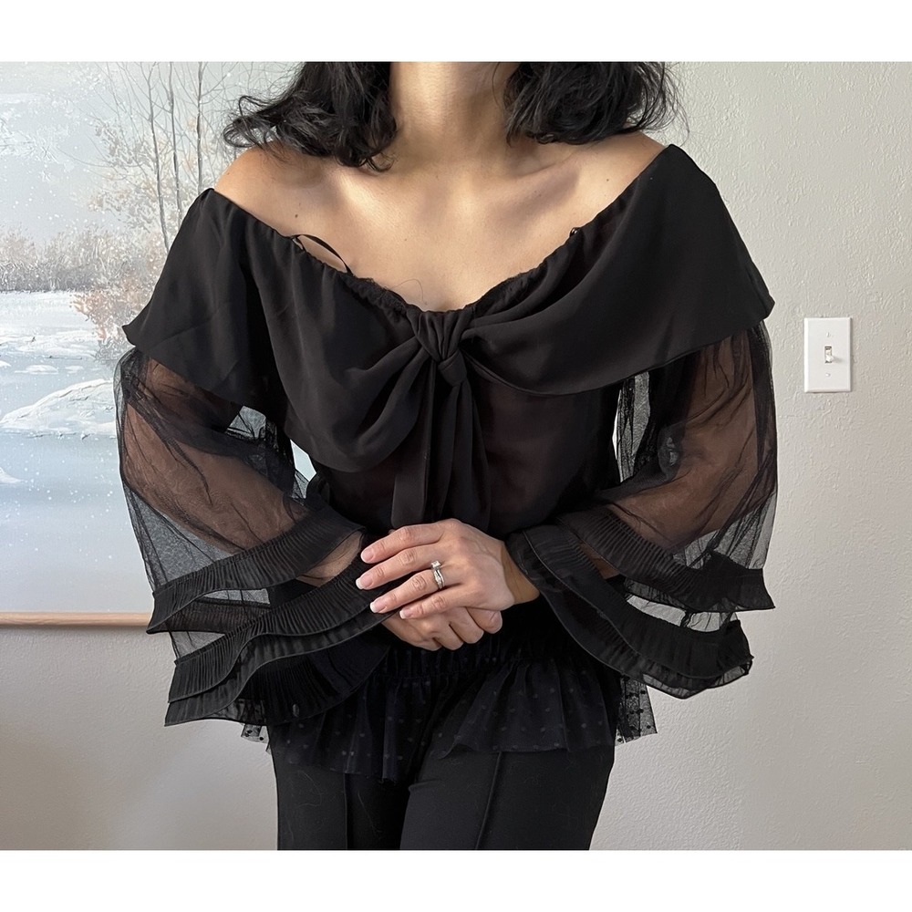 ANTHRO Lulumari Flowy Black Sheer Tunic whimsigoth‎ off the shoulder Mesh large